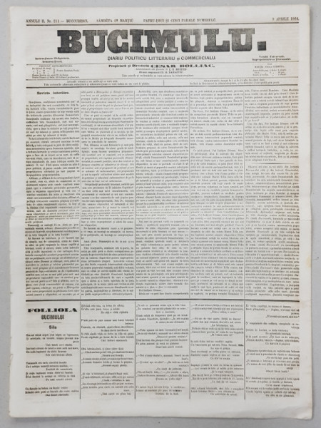 BUCIMULU - DIARIU POLITICU LITTERARIU SI COMMERCIALU , PROPRIETAR CEZAR BOLLIAC , ANUL II , NR. 211  , SAMBATA 28 MARTIE / 9 APRILIE  1864