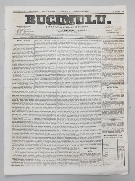 BUCIMULU - DIARIU POLITICU LITTERARIU SI COMMERCIALU , PROPRIETAR CEZAR BOLLIAC , ANUL II , NR. 212  , MARTI 31 MARTIE / 12 APRILIE  1864