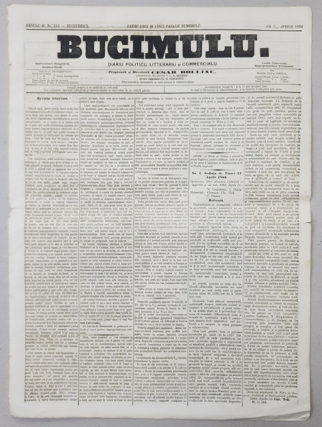 BUCIMULU - DIARIU POLITICU LITTERARIU SI COMMERCIALU , PROPRIETAR CEZAR BOLLIAC , ANUL II , NR. 216 , JOI 9 / 21 APRILIE  1864