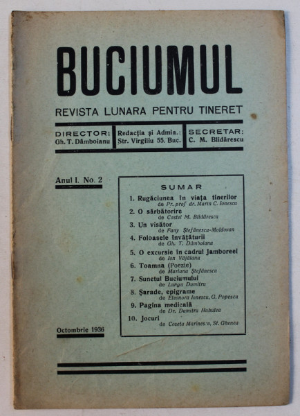 BUCIUMUL  - REVISTA LUNARA PENTRU TINERET , ANUL I , NO . 2 , OCTOMBRIE , 1936