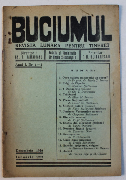 BUCIUMUL  - REVISTA LUNARA PENTRU TINERET , ANUL I , NO .4 - 5  , DECEMBRIE  1936 - IANUARIE 1937