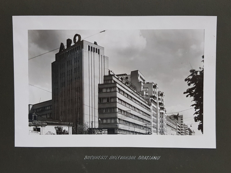 BUCURESTI , BULEVARDUL BRATIANU , CLADIREA CU CINEMATOGRAFUL ARO ( PATRIA ) , FOTOGRAFIE MONOCROMA, PE HARTIE LUCIOASA , PRINSA PE CARTON , PERIOADA INTERBELICA