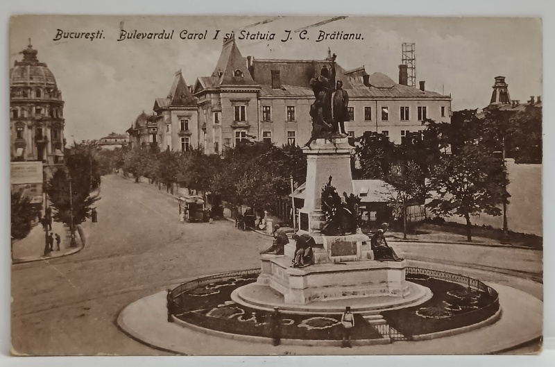 BUCURESTI , BULEVARDUL CAROL I SI STATUIA I.C BRATIANU , CARTE POSTALA , 1925