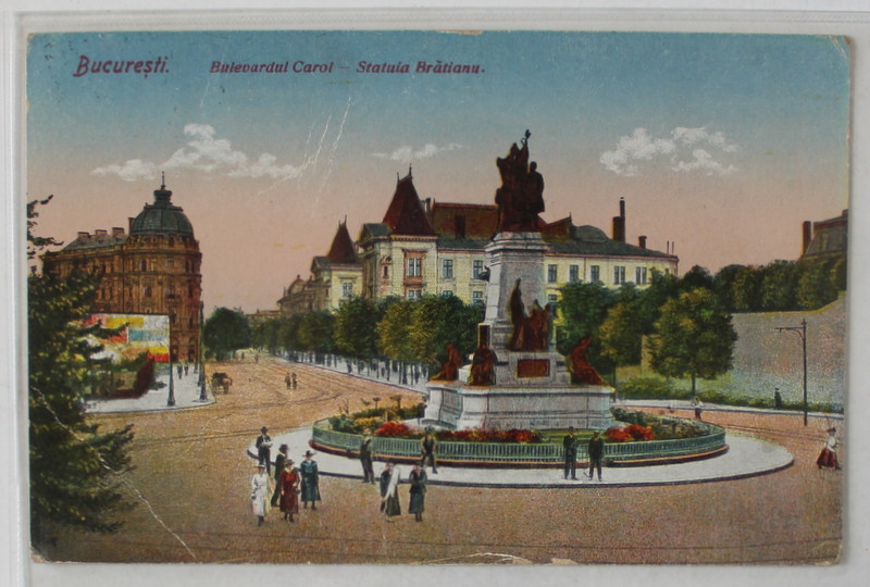 BUCURESTI , BULEVARDUL CAROL , STATUIA LUI I.C. BRATIANU , CARTE POSTALA , 1921