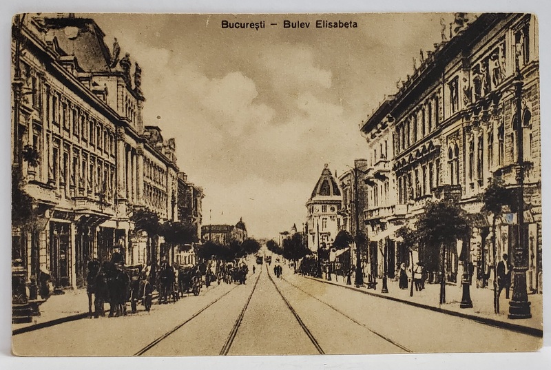 BUCURESTI. BULEVARDUL ELISABETA , CU  LINII DE TRAMVAI SI TRASURI CU CAI , CARTE POSTALA , INCEPUT DE SECOL XX