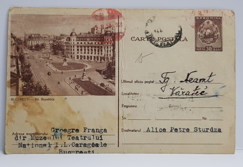 BUCURESTI , BULEVARDUL REPUBLICII , CARTE POSTALA ILUSTRATA , EXPEDIATA DE GRIGORE FRANGA DOAMNEI ALICE PETRRE STURDZA , MONOCROMA, CIRCULATA , DATATA 1957 , PREZINTA PETE SI URME DE UZURA *