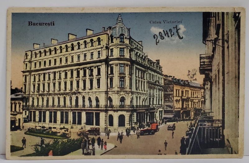 BUCURESTI , CALEA VICTORIEI , CARTE POSTALA ILUSTRATA , INTERBELICA , PREZINTA O INSEMNARE PE FATA