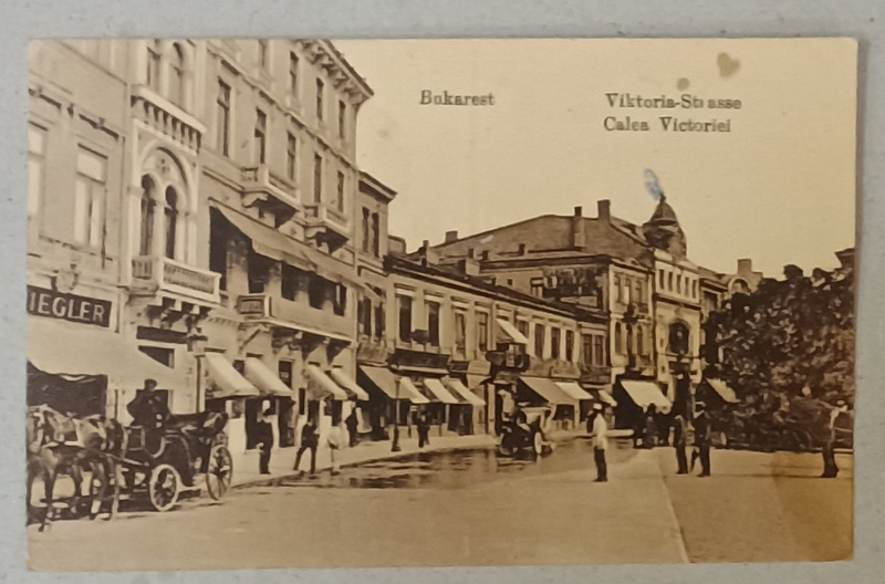 BUCURESTI , CALEA VICTORIEI , PIETONI , TRASURA CU CAI , AUTOMOBIL DE EPOCA , CARTE POSTALA , INCEPUTUL SEC. XX