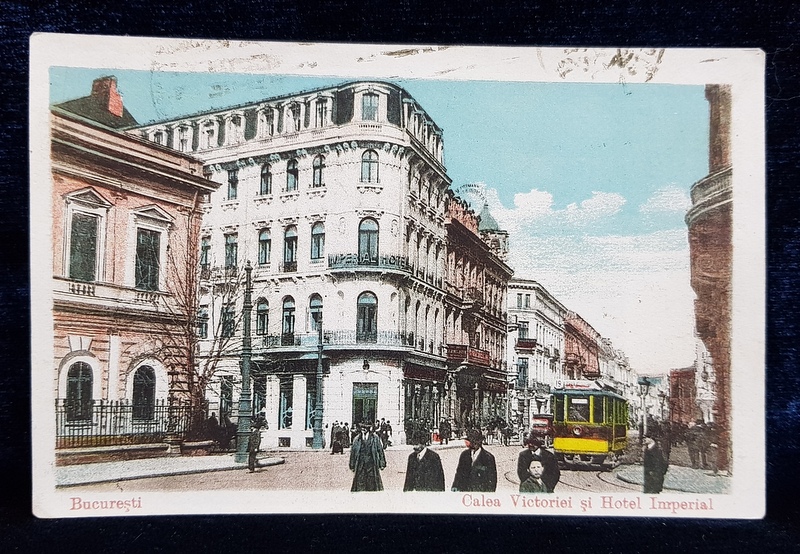 BUCURESTI  - CALEA VICTORIEI SI HOTEL IMPERIAL , CARTE POSTALA ILUSTRATA , POLICROMA, CIRCULATA , PERIOADA INTERBELICA