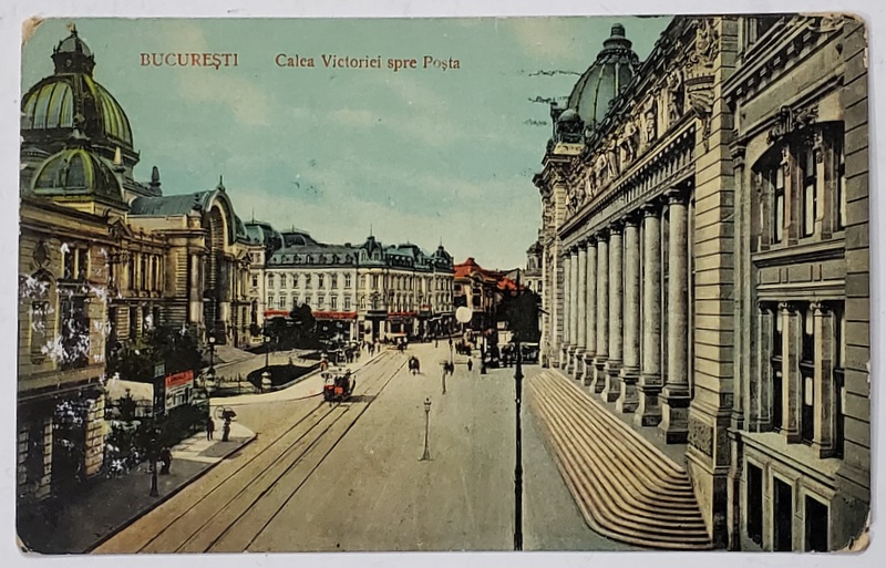 BUCURESTI , CALEA VICTORIEI SPRE POSTA , CARTE POSTALA ILUSTRATA , 1912