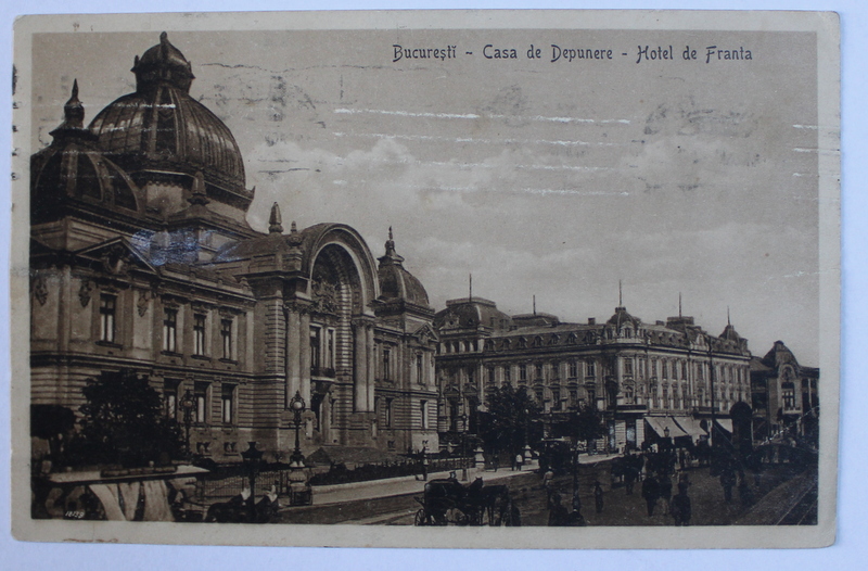 BUCURESTI - CASA DE DEPUNERE - HOTEL DE FRANTA , CARTE POSTALA ILUSTRATA , MONOCROMA, CIRCULATA , DATATA 1919