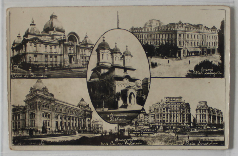 BUCURESTI , FOTOMONTAJ CU CINCI IMAGINI DE PE CALEA VICTORIEI , CARTE POSTALA , INTERBELICA