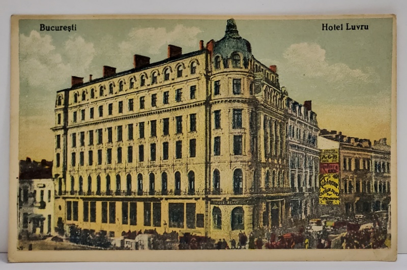 BUCURESTI , HOTELUL LUVRU , CARTE POSTALA ILUSTRATA , POLICROMA , PE VERSO APARE RECLAMA DE GUMA DE STERS WHATMAN , 1926