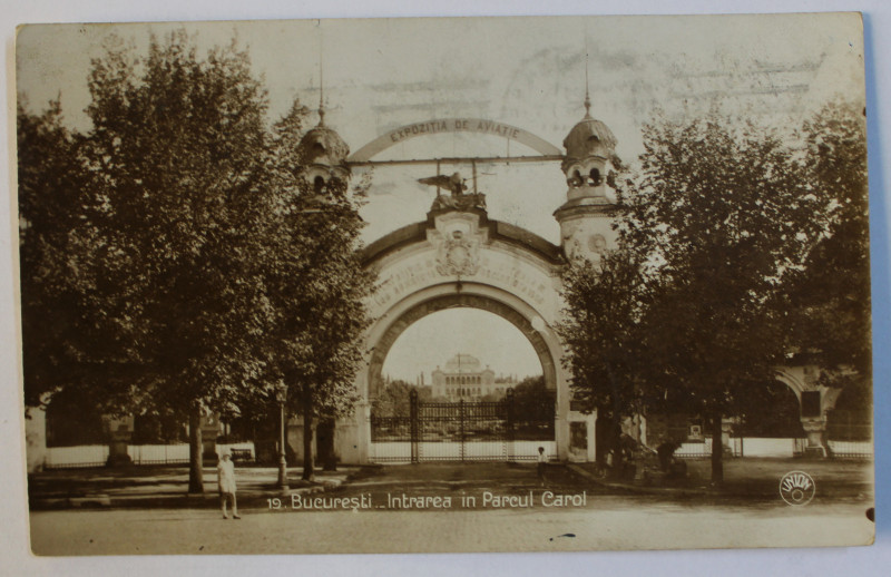 BUCURESTI - INTRAREA IN PARCUL CAROL , CARTE POSTALA ILUSTRATA , MONOCROMA , CIRCULATA , 1928