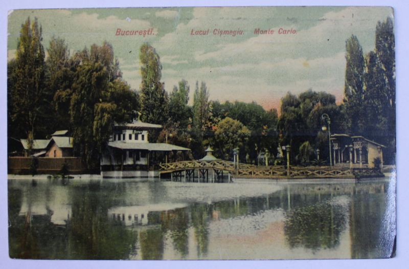 BUCURESTI , LACUL CISMIGIU , RESTAURANTUL MONTE CARLO , CARTE POSTALA ILUSTRATA , POLICROMA, CIRCULATA , DATATA 1908