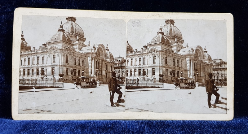 BUCURESTI , PALATUL CASEI DE DEPUNERI SI CONSEMNATIUNI , CALEA VICTORIEI , FOTOGRAFIE STEREOSCOPICA , MONOCROMA , PE SUPORT DE CARTON , CCA. 1900