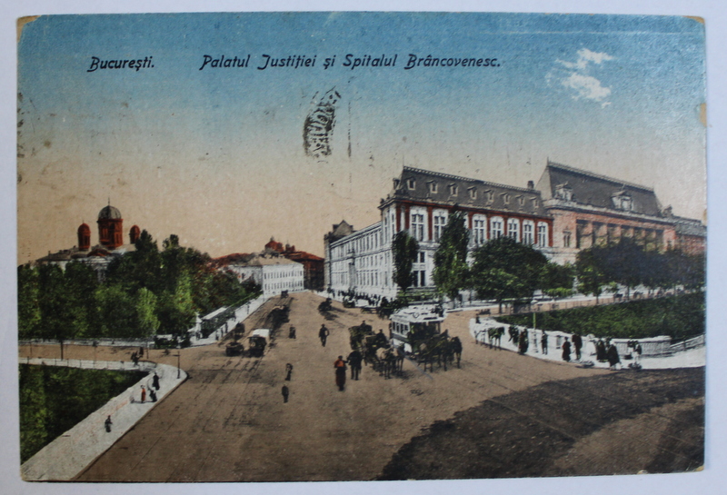 BUCURESTI  - PALATUL JUSTITIEI SI SPITALUL BRANCOVENESC , CARTE POSTALA ILUSTRATA , POLICROMA , CIRCULATA , 1921