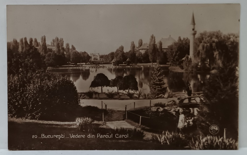 BUCURESTI , PARCUL CAROL , CU LACUL SI MOSCHEEA ,  FOTOGRAFIE FORMAT CARTE POSTALA , 1921