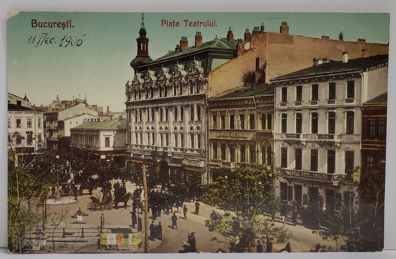 BUCURESTI , PIATA TEATRULUI IN ZI DE SARBATOARE , CARTE POSTALA ILUSTRATA , 1906