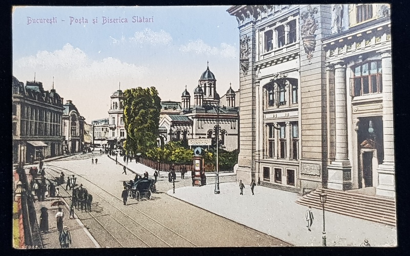 BUCURESTI , POSTA SI BISERICA ZLATARI , CARTE POSTALA ILUSTRATA , POLICROMA, CIRCULATA , DATATA 1920