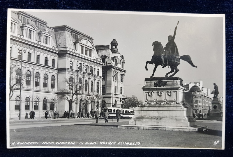 BUCURESTI , STATUIA LUI MIHAI VITEAZUL SI BULEVARDUL ELISABETA , CARTE POSTALA ILUSTRATA , MONOCROMA, NECIRCULATA , PERIOADA INTERBELICA