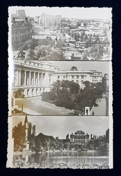 BUCURESTI , UNIVERSITATEA , PALATUL REGAL , PARCUL CAROL I , MONTAJ FOTOGRAFIC , CARTE POSTALA ILUSTRATA , MONOCROMA, NECIRCULATA , PERIOADA INTERBELICA