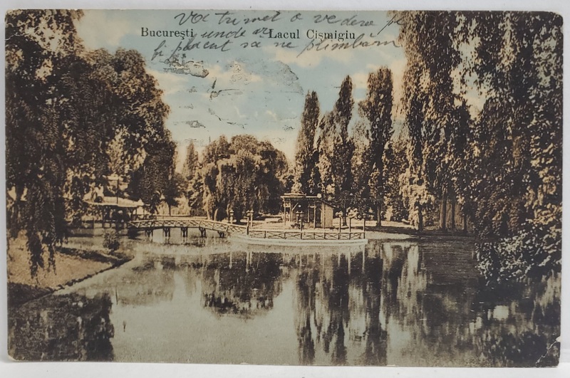 BUCURESTI , VEDERE DIN PARCUL CISMIGIU, CU LACUL SI POD PESTE LAC , CARTE POSTALA , 1912