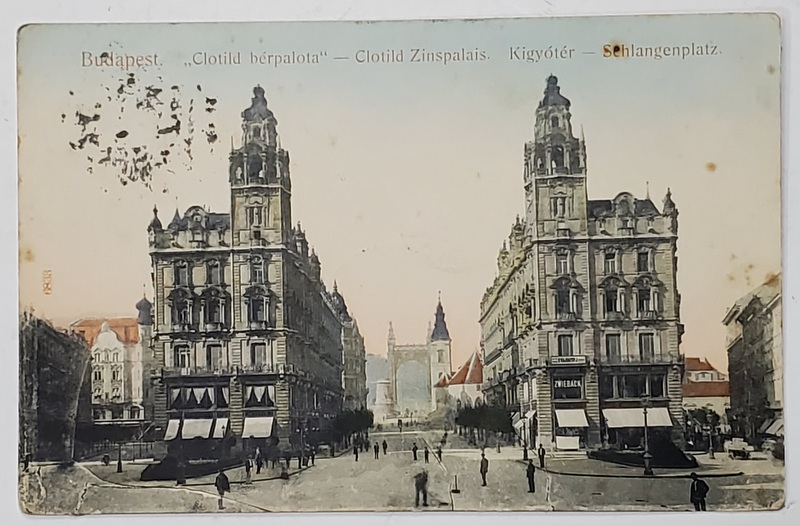 BUDAPESTA , CLOTILD ZINSPALAIS , SCHLAGENPLATZ , CARTE POSTALA ILUSTRATA , 1908