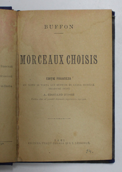 BUFFON - MORCEAUX CHOISIS , EDITIE DE SFARSIT DE SECOL XIX