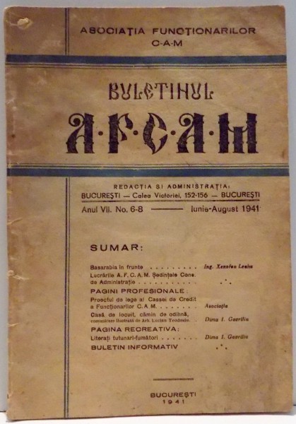 BULETINUL AFCAM , ANUL VII , NR.6-8 , IUNIE-AUGUST 1941