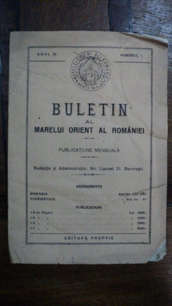 Buletin al Marelui Orient al Romaniei, Anul I, Nr. 1, Bucuresti 1928