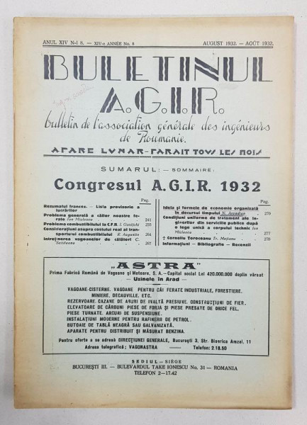 BULETINUL AGIR, ANUL XIV, Nr. 8, AUGUST, 1932