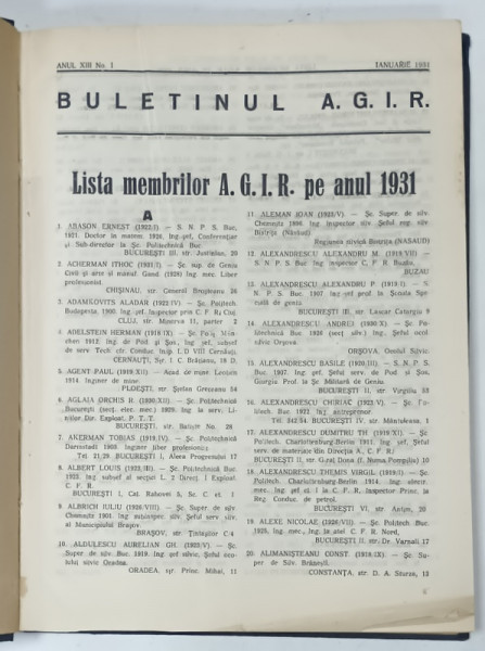 BULETINUL  A.G.I.R. , ORGANUL ASOCIATIEI  GENERALE A INGINERILOR DIN ROMANIA , ANUL XXIII , COMPLET , COLEGAT DE 12 NUMERE , IANUARIE - DECEMBRIE , 1931