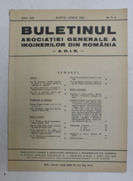 BULETINUL ASCOIATIEI GENERALE A INGINERILOR DIN ROMANIA - A.G.I.R. , ANUL XXII , NR. 3-4 , MARTIE - APRILIE  ,  1940