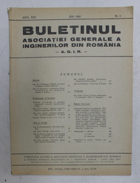 BULETINUL ASCOIATIEI GENERALE A INGINERILOR DIN ROMANIA - A.G.I.R. , ANUL XXII , NR. 5 , MAI 1940