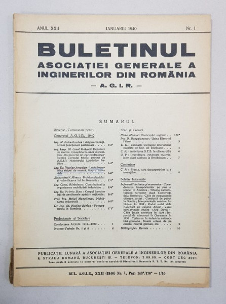 BULETINUL ASOCIATIEI GENERALE A INGINERILOR DIN ROMANIA, Nr. 1, ANUL XXII, IANUARIE 1940