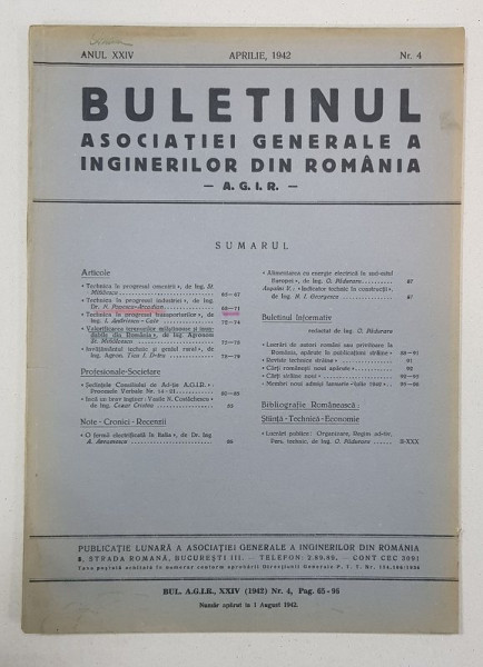 BULETINUL ASOCIATIEI GENERALE A INGINERILOR DIN ROMANIA, Nr. 4, ANUL XXIV, APRILIE 1942