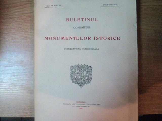 BULETINUL COMISIUNII MONUMENTELOR ISTORICE , PUBLICATIE TRIMESTRIALA , ANUL VI , FASC. 22 , APRILIE - IUNIE 1913 , Bucuresti 1913