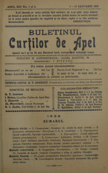 BULETINUL CURTILOR DE APEL , REVISTA DE DREPT , ANUL XIII , COLEGAT DE 20 DE NUMERE SUCCESIVE APARUTE INTRE 1 IANUARIE SI 15 DECEMBRIE 1936