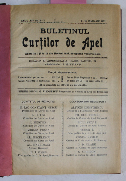 BULETINUL CURTILOR DE APEL , REVISTA DE DREPT , ANUL XIV  , COLEGAT DE 20 DE NUMERE SUCCESIVE APARUTE INTRE 1 IANUARIE SI 15 DECEMBRIE 1937