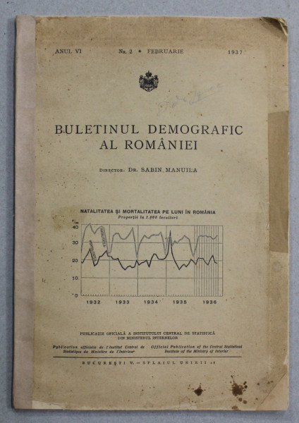 BULETINUL DEMOGRAFIC AL ROMANIEI , ANUL VI , NR. 2 , FEBRUARIE , 1937 , PREZINTA PETE SI URME DE UZURA , COTOR INTARIT CU BANDA ADEZIVA