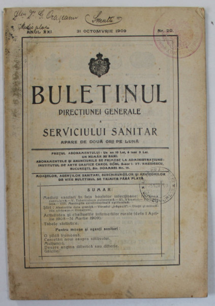 BULETINUL DIRECTIUNEI GENERALE A SERVICIULUI SANITAR , APARE DE DOUA ORI PE LUNA , NR. 20 , OCTOMBRIE  , 1909