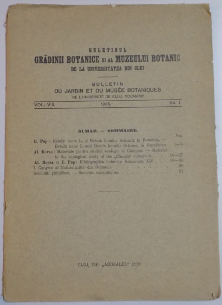 BULETINUL GRADINII BOTANICE SI AL MUZEULUI BOTANIC DE LA UNIVERSITATEA DIN CLUJ, VOL VIII, NR. 1  1928