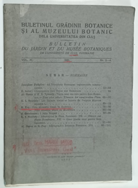 BULETINUL  GRADINII  BOTANICE SI AL MUZEULUI BOTANIC DELA UNIVERSITATEA  DIN CLUJ , NR. 3-4 ,  1931 , DEDICATIE *