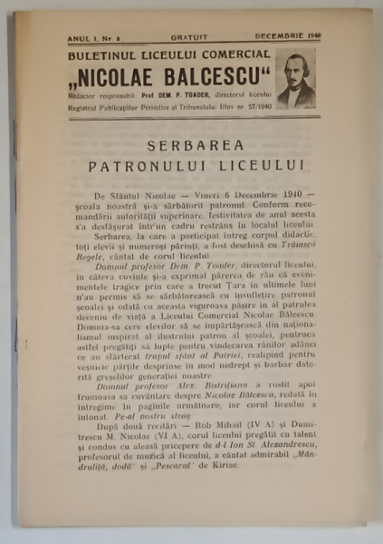 BULETINUL LICEULUI COMERCIAL NICOLAE BALCESCU , ANUL I , NUMARUL 8 , DECEMBRIE , 1940