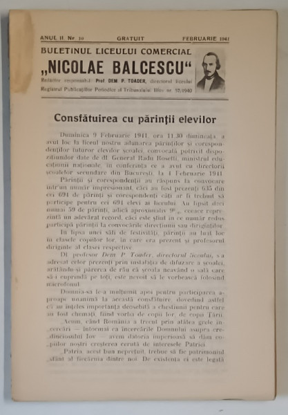 BULETINUL LICEULUI COMERCIAL NICOLAE BALCESCU , ANUL II , NUMARUL 10 , FEBRUARIE , 1941