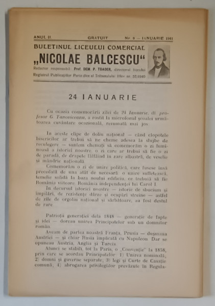 BULETINUL LICEULUI COMERCIAL NICOLAE BALCESCU , ANUL II , NUMARUL 9 , IANUARIE , 1941