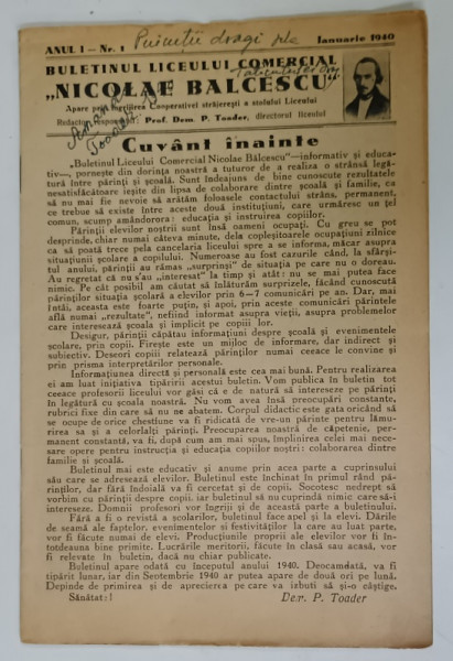 BULETINUL  LICEULUI COMERCIAL ' NICOLAE BALCESCU ' , BUCURESTI ,  NR. 1 ,  1940