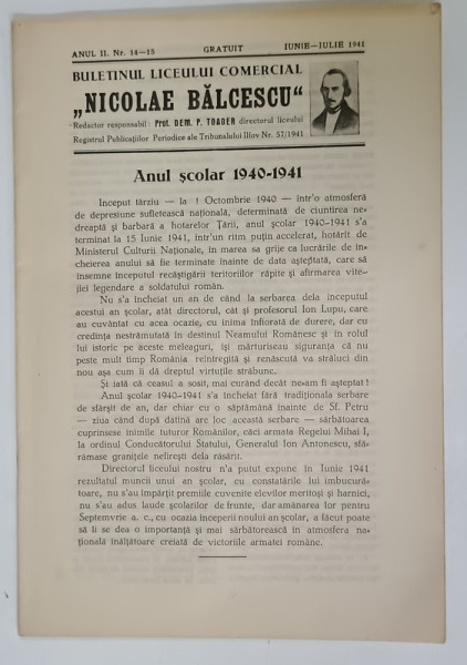 BULETINUL  LICEULUI COMERCIAL ' NICOLAE BALCESCU ' , BUCURESTI ,  NR.14-15 ,  1941