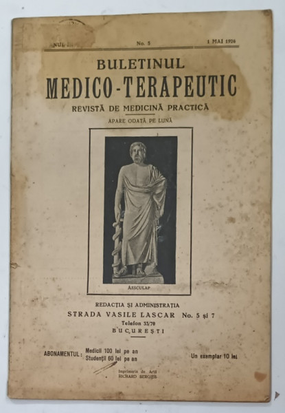 BULETINUL MEDICO - TERAPEUTIC , REVISTA DE MEDICINA PRACTICA , NR. 5 , 1926